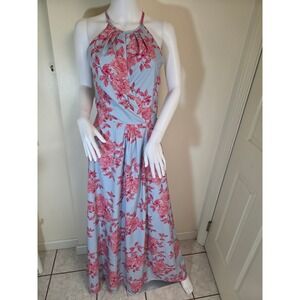 Layered with Love Blue Pink Floral Halter Maxi Dress Small Pleated Front Slit